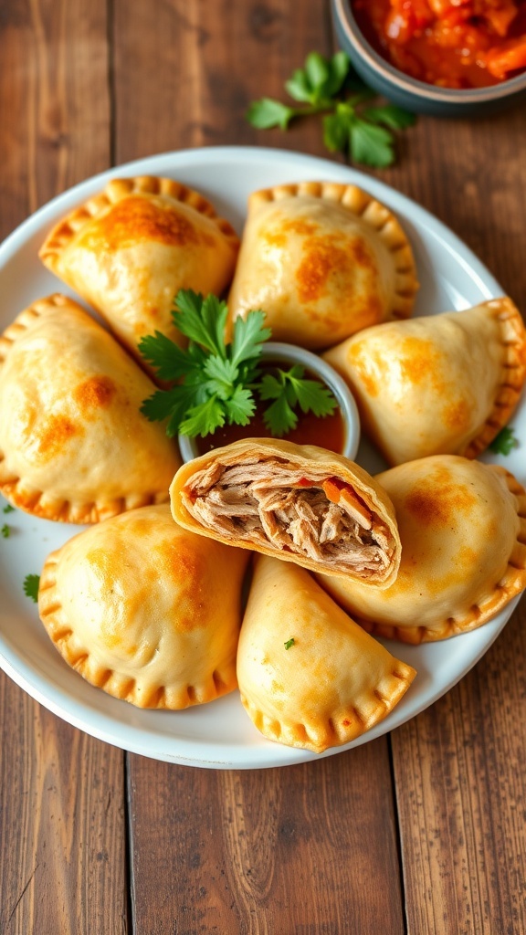 Crispy Air Fryer Chicken Empanadas Recipe Crispy chicken empanadas on a plate with salsa and cilantro garnish.